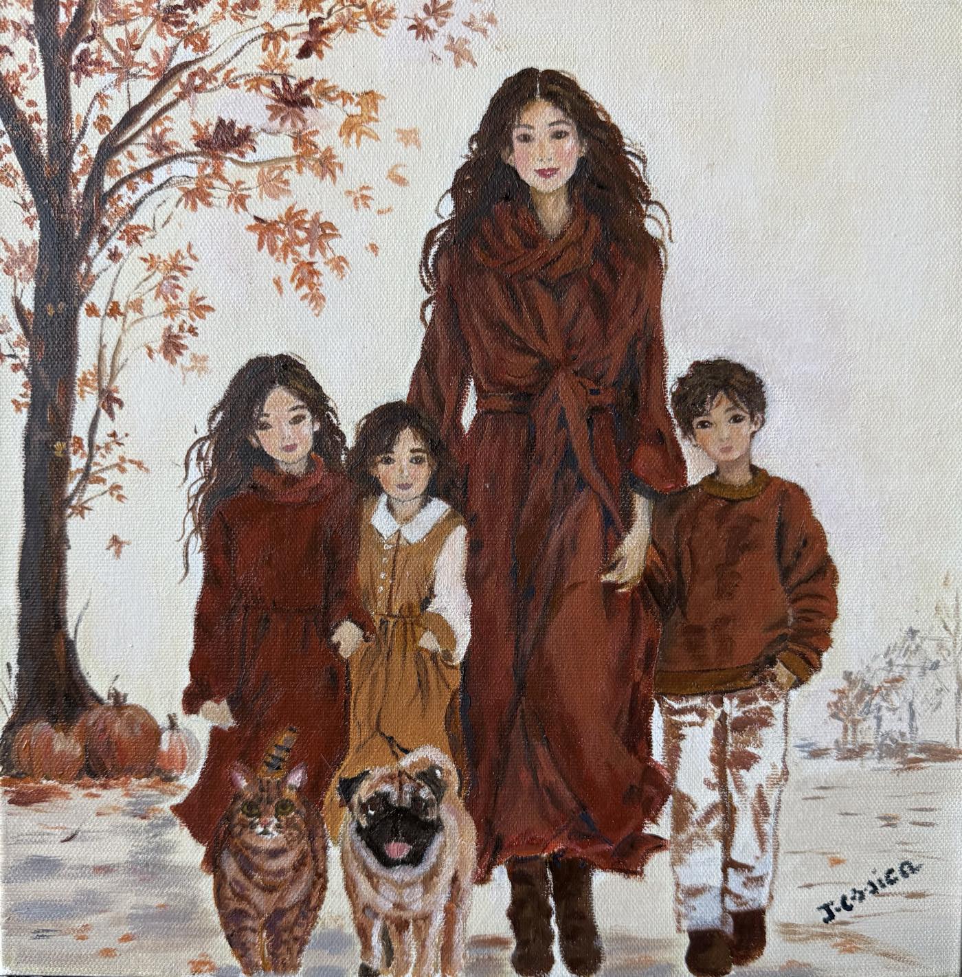 A Walk in the Autumn Leaves — oil on canvas