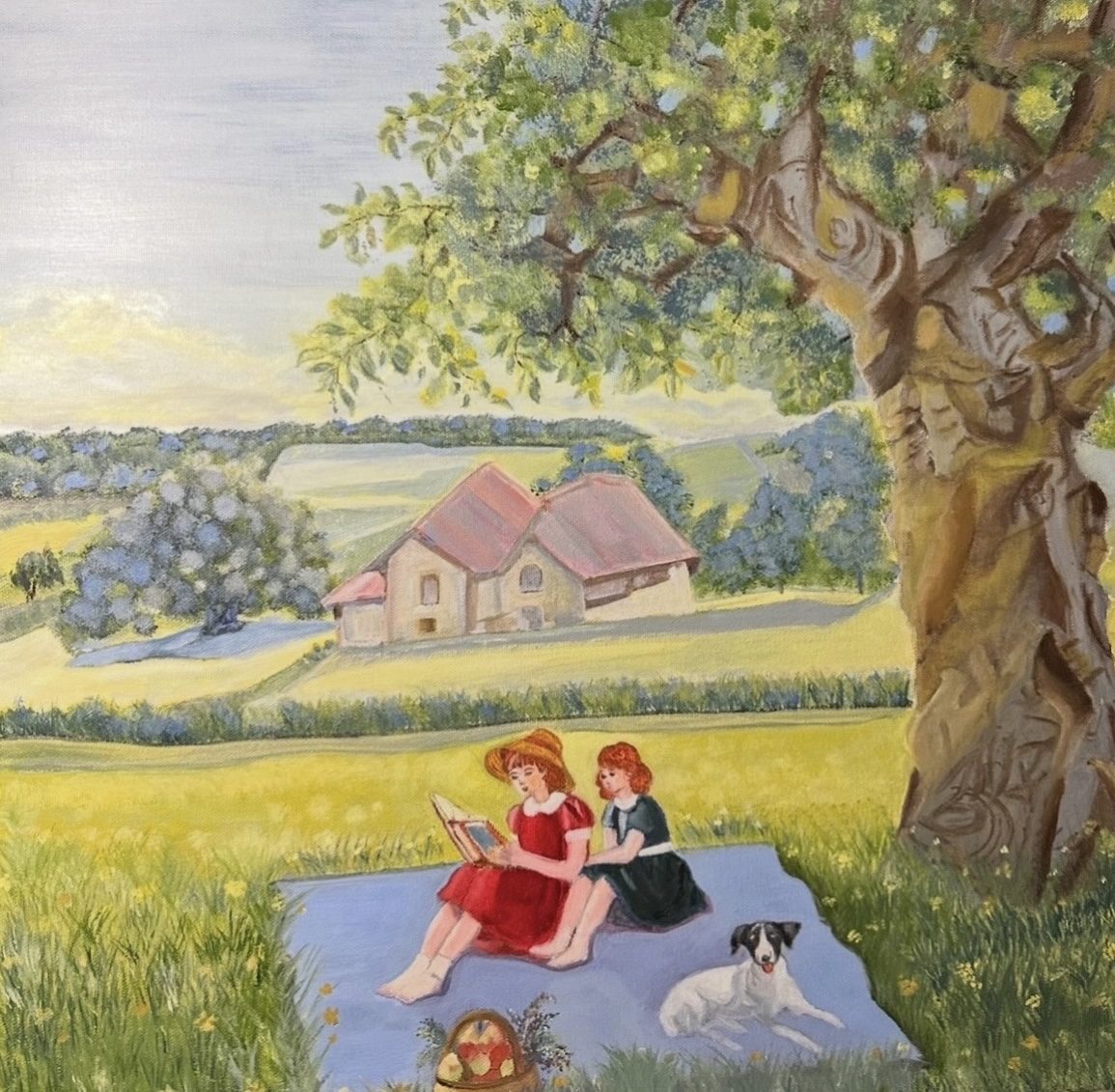 Two Girls Reading on a Blanket — oil on canvas