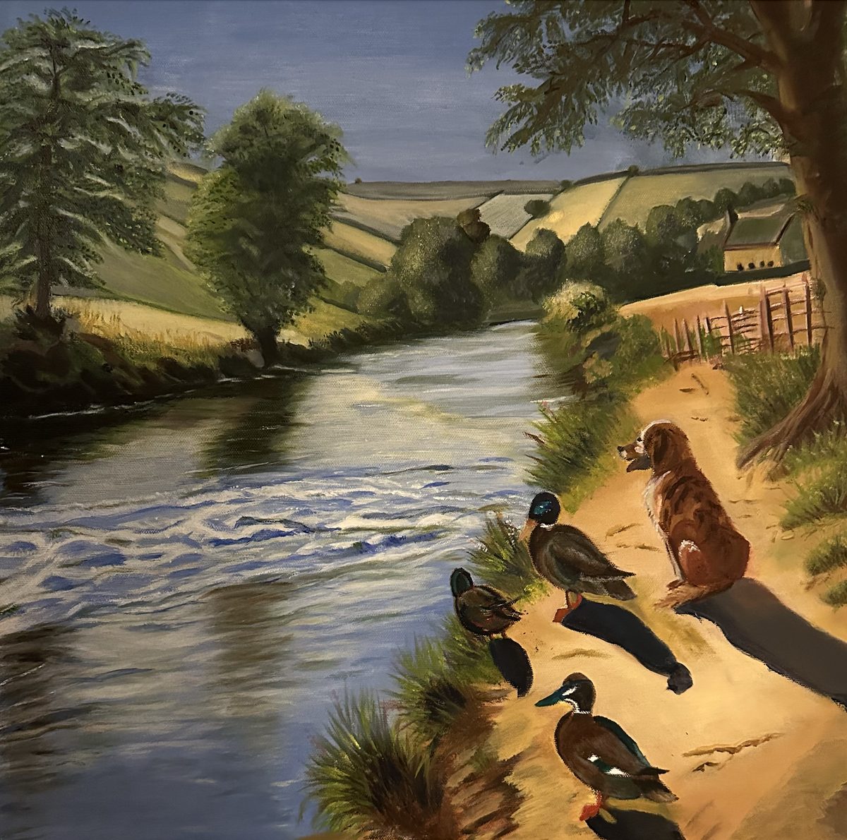 Dog and Ducks by a River — oil on canvas