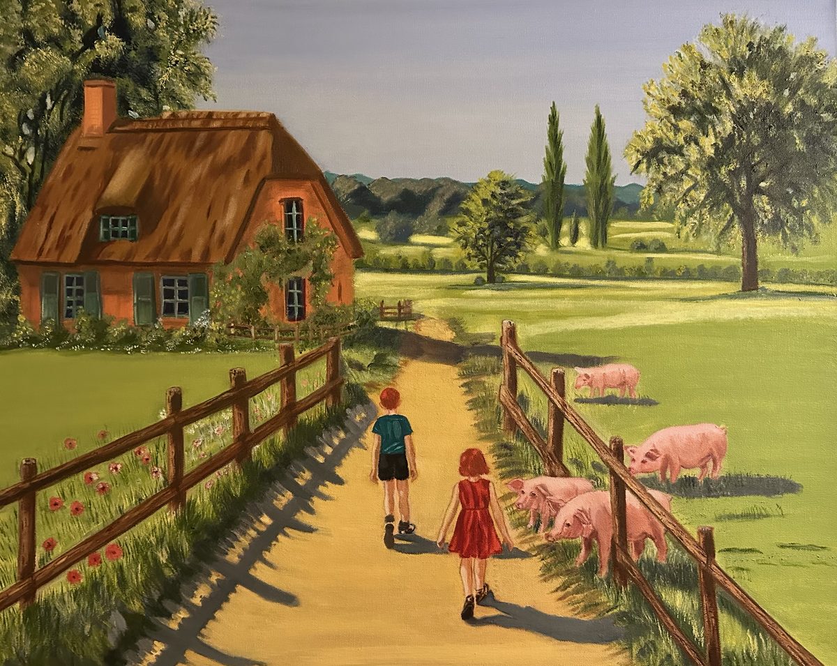 Two Children Walking to the Farmhouse — oil on canvas