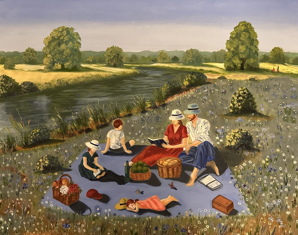 Family Picnic by a River — oil on canvas