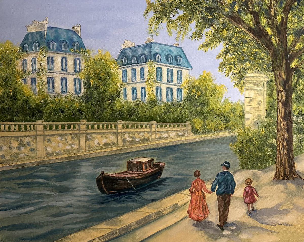 Family Walking Along a Canal — oil on canvas