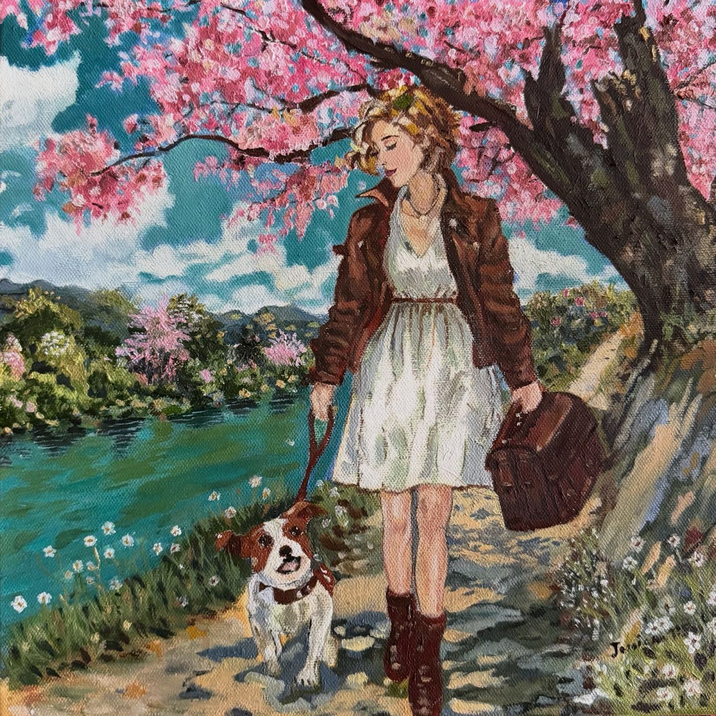 Walking the Dog Under the Cherry Blossoms — oil on canvas