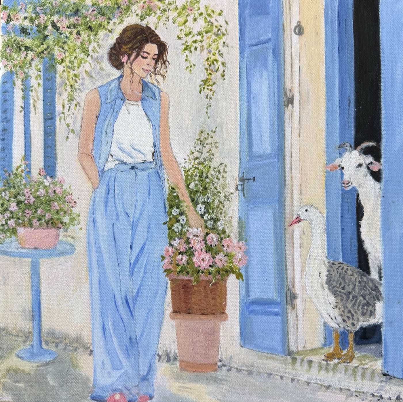 Woman in Blue by the Doorway — oil on canvas