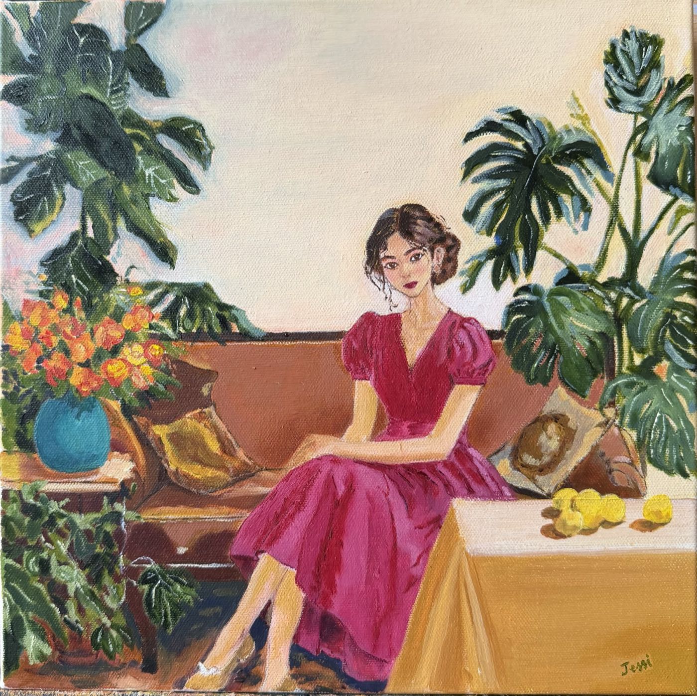 Woman in Pink Among the Plants — oil on canvas